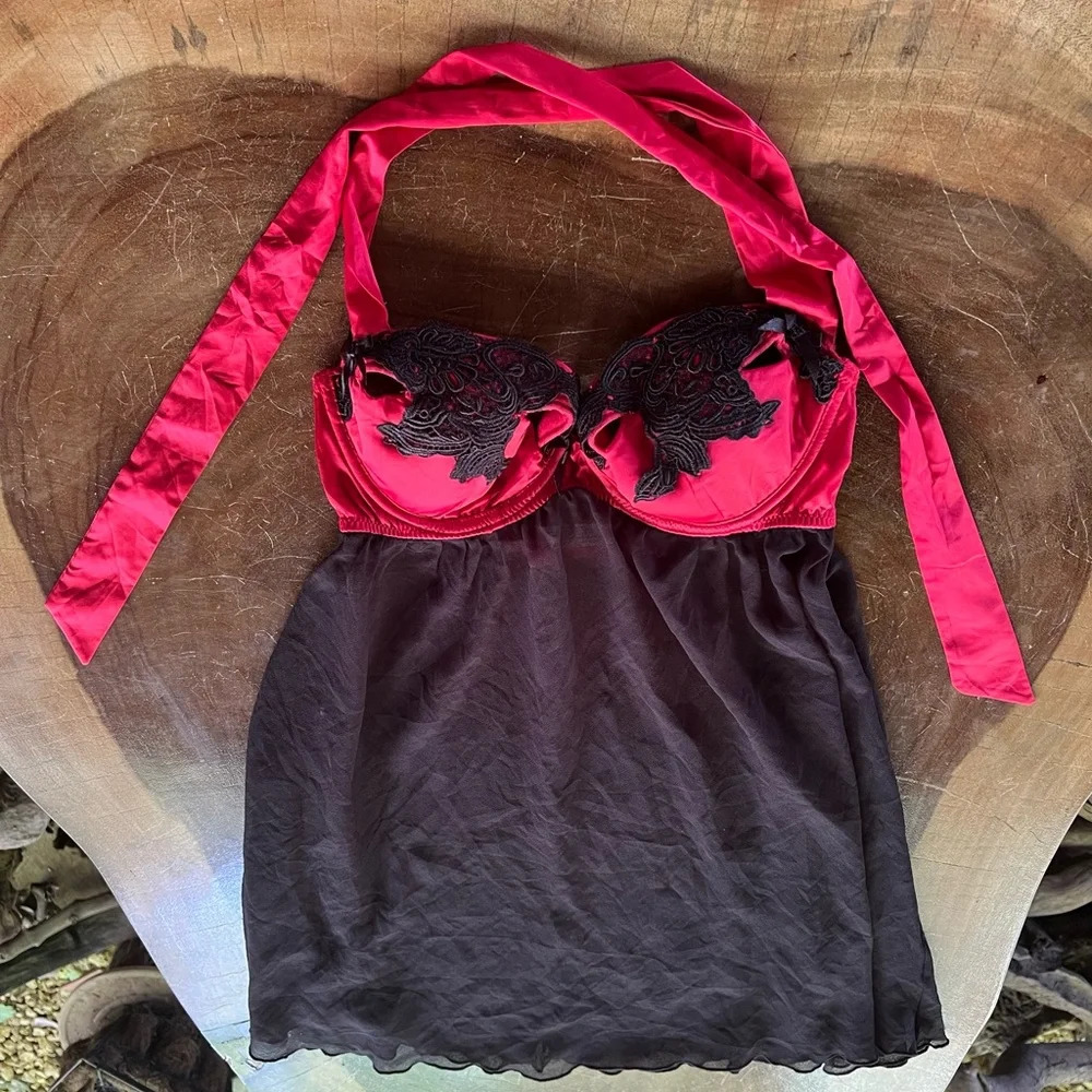 La Vie En Rose Intimates Red Black Lace Lingerie Bustier Push up Bra Tank Sexy S